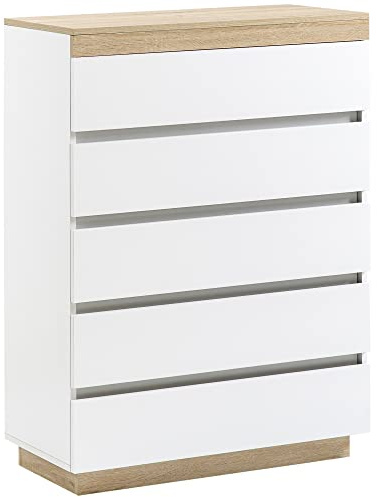 HOMCOM Cassettiera 5 Cassetti in Legno, Cassettiera Camera da Letto con Dispositivo Antiribaltamento, 80x40x109 cm, Bianco e Rovere