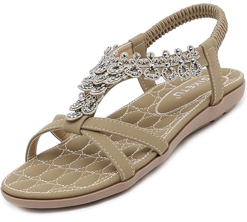 Acfoda Sandalias Mujer Verano Ortopedicas Planas Cómodas Confort Bohemias Casual Zapatos de Playa Beige 37