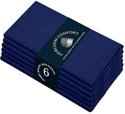 HEIRLOOM KOMFORT Blå tygservetter set med 6, 100 % bomull, 43 x 43 cm, mjuka, tvättbara, återanvändbara servetter, perfekta för hotell, restauranger, lunch, bröllop, evenemang, fester, vardagsbruk,