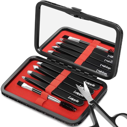 Leipple Tweezers for Facial Hair Women with Travel Case & Mirror,Black/Red | Precision Stainless Steel Tweezers Set with Scissor & Eyebrow Brush – Ideal for Beginners