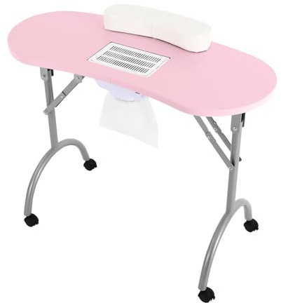 Nagelbord med sugning, fällbart manikyrbord med handledsdyna dammsugarpåse 4 hjul, bärbart manikyrbord för hushåll, nagelstudior, salong (rosa)