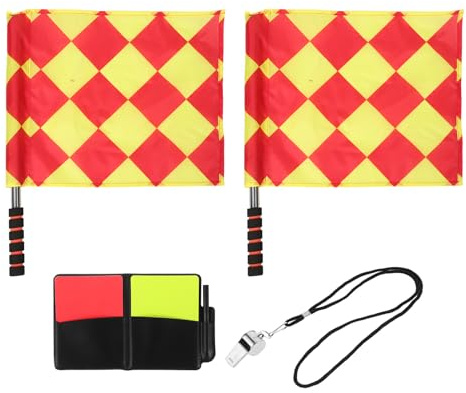 Healeved Set Arbitro Calcio Completo con Cartellini Rossi e Gialli Bandiere a Scacchi in PVC e Tessuto Fischietto in Acciaio Resistente e Custodia per Gestione Partita Professionale