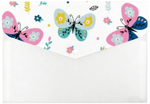 Dossiers A4 en plastique transparent avec motif papillons et fleurs mignons - Dossier A4 - Organiseur de fichiers - Porte-documents essentiels pour université - Avec bouton pression - Poches pour