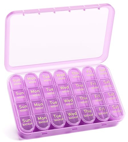 Betife veckovis pillerask organisatör 4 gånger om dagen, 7 dagars tablett | Bärbar, kompakt, idealisk – äldre användare, lätt att öppna, barnresistent, dammsäker, lätt, fuktsäker, återanvändbar, robust