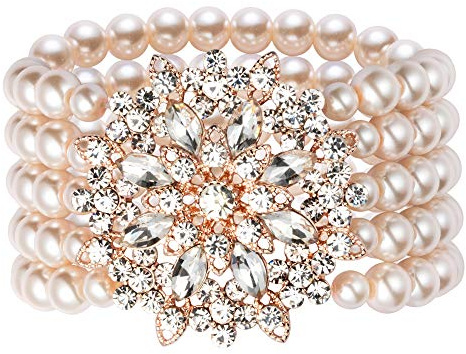 ArtiDeco Bracelet en Perles Synthétiques Style Gatsby Années 20 - Accessoire Élastique Avec Décoration en Cristal (Rose Doré 4)