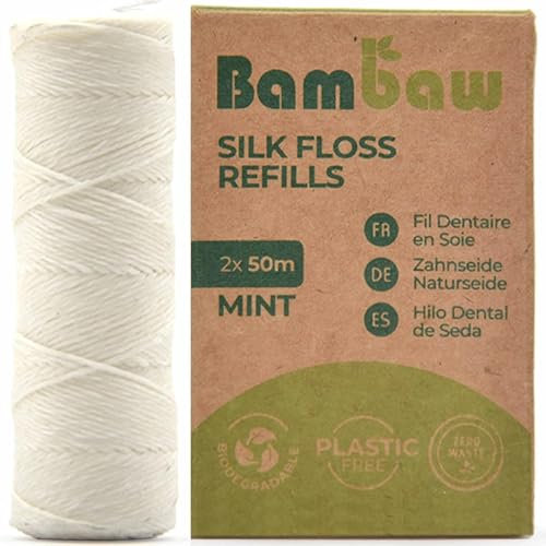 Bambaw Zahnseide Echte Seide | Dental Floss Biologisch | Abbaubare Zahnseide Gewachst | Zahnseide Floss | Zahnseide Nachhaltig | Zahnseide Bio | Natürliche Zahnseide | 2x50 Meter lang