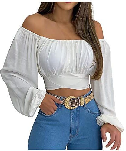 AMhomely Woman's Strapless Long SleeveSolid Color Off Shoulder Ruched Lantern Sleeve Crop Tops Vintage Work Shirt UK Size, White #2, M