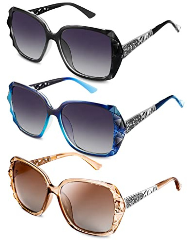 umorismo 3 pieces Women Sunglasses, UV 400 Glasses Oversized Polarized Sunglasses Classic Shiny Frame Ladies Sun Glasses Eyewear