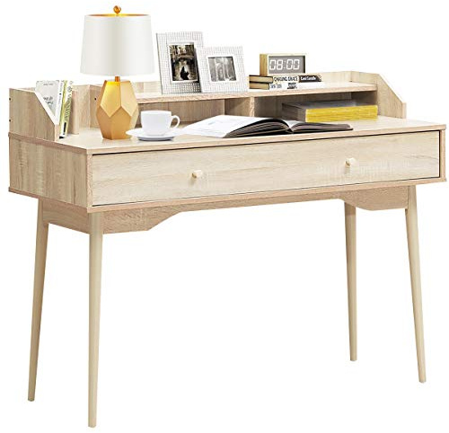 COSTWAY Table de Bureau Informatique avec 2 Tiroirs, Secrétaire Table pour Salon, Bureau, Chambre, 120 x 50 cm (Naturel)