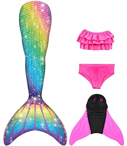 NAITOKE meerjungfrauenflosse mädchen Badeanzug - Meerjungfrau Flosse Bademode mit Bikini Set und Monoflosse Mermaid Tail, 4 Stück Set,Pool,140