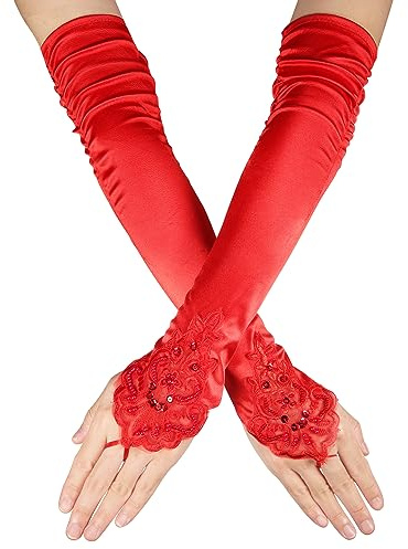 Guanti Lunghi in Pizzo, Morbidi Guanti in Pizzo Senza Dita, Anni '20 Guanti da Opera, Guanti al Gomito, Guanti di Raso Lunghi per Sposa, Matrimonio, Tea Party, Mascherata(Rosso)