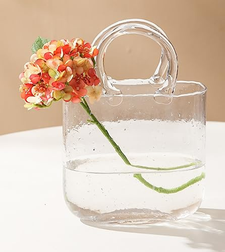 Handbag Glass Purse Vase,Cute Clear Glass Vase for Centerpieces, Bedroom,Office Table Decor,Wedding Events,Gift & Small Fish Tank (Transparent)