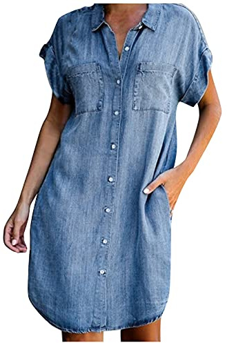 BOTCAM Jeansklänning för kvinnor sommar nedvikbar krage kortärmad skjortblusklänning enfärgad, lös fodralklänning med fickor knälång klänning trendig streetwear dam skjortklänning denim klänningar