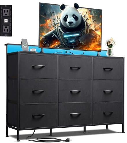 WLIVE Black Dresser TV Stand for 45, 50, 55 inch TV, Entertainment Center with LED Lights & Charging Station, Chest of drawers with 9 Fabric Drawers and Open Shelves for Living Room, Hallway, Wood Top