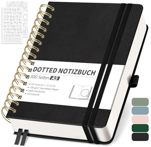 RETTACY Anteckningsbok i A5-linjerad, bullet journal med 100 g/m² tjockt papper, 150 ark/300 numrerade sidor, collegeblock för kontor och skola, läderfodral, svart, 14,8 cm x 21 cm