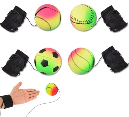BOBOZHONG Lot de 4 balles de retour de poignet en caoutchouc sur une corde - Balle de sport sur corde élastique - Pour exercices de poignet pour adolescents et adultes