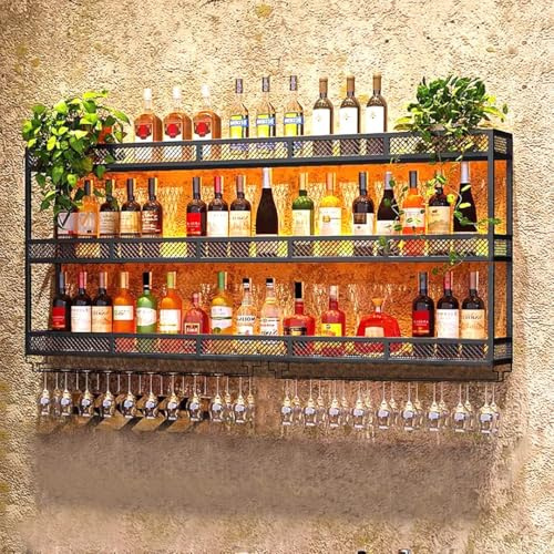 BUBEO Wall Mounted Wine Rack with LED Glass Holder, Liquor Bottles Shelves Display Storage Organizer Hanging Long Stemware Goblet Metal for Home Mini Bar Cellar Black
