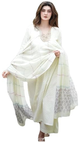 ANNI DESIGNER Women's Viscose Blend Printed Kurta, Straight, with Pants and Dupatta, White, L