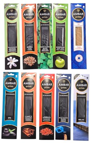 Ambar Inciensos Perfumados, Set de 10 Fragancias, 20 Varillas por Paquete, Dama de Noche, Mirra, Buena Suerte, Manzana, Nag Champa, SPA, Canela, Sándalo, Palo Santo, Relax