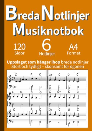 Breda Notlinjer Musiknotbok: Kontinuerliga Notlinjer över Dubbelsidan | Idealisk för Barn, Nybörjare & Seniorer | För Pianolektioner och Komposition | A4 (Orange)