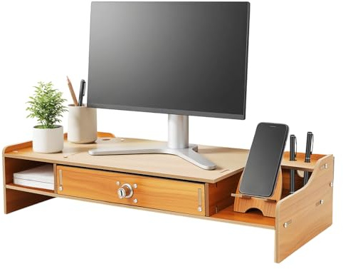 Soporte para monitor de ordenador con cajón con cerradura, soporte para monitor ergonómico, amplio espacio de almacenamiento, construcción estable de MDF para aliviar el cuello, organización de