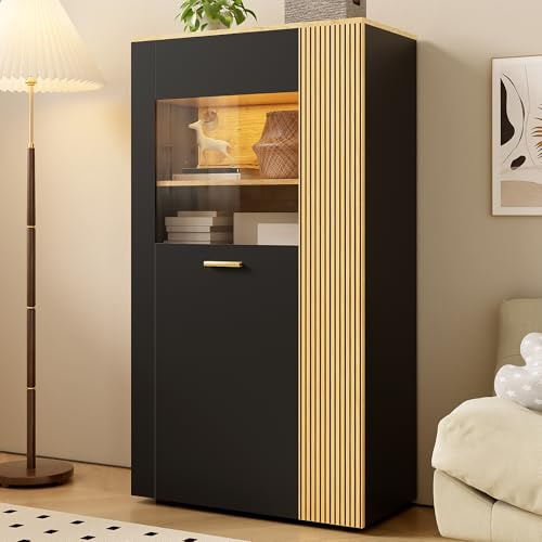 SUKY Moderno armadio portaoggetti PB Multifunzionale con 3 ripiani fissi e 2 regolabili, gestione dei cavi per soggiorno, ante con vetro, 80 L x 40 W x 146 Hcm