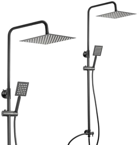 GREENSAPPIRE Shower Riser Rail Kit with 10” Rainfall Shower Head & 4” Handheld Rain Shower Stainless Steel Shower System Hose & Brass Diverter – Modern Bathroom Shower Mixer Set Without Tap (10 INCH)