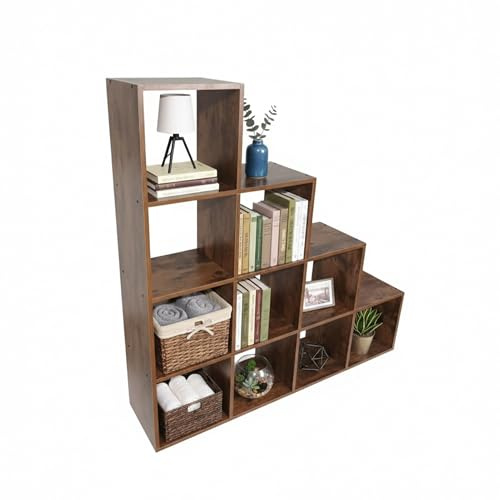 Scaffale Relaxdays a gradini, 10 Scomparti, HxLxP 129,5 x 129,5 x 29 cm, per Libri e Decorazioni, Soggiorno, Marrone