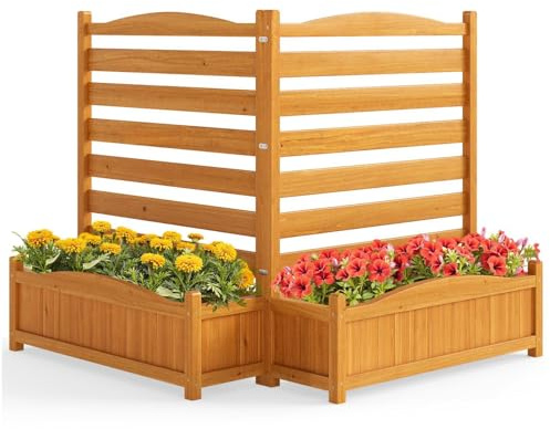 HOMASIS Jardineras Elevadas de Madera con Enrejado, Valla para Aire Acondicionado Exterior con 2 Bandejas de Cultivo, Macetas con Agujeros de Drenaje y Fondo Desmontable, Amarillo (2 Paneles)