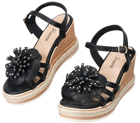 JOMIX Sandali Donna Zeppa con Fiore Decorativo Estive Eleganti Tacco Espadrillas Cinturini alla Caviglia con Fibbia Regolabile Comodi