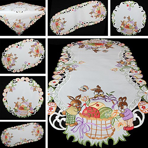 Quinnyshop Frühling Osterhasen Bunte Ostereier Stickerei Tischläufer 40 x 90 cm Oval Polyester, Weiß