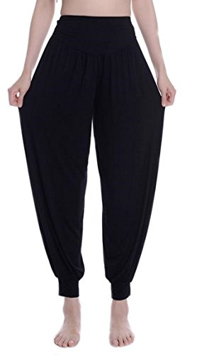 MESHIKAIER Super weiche Haremshose für Damen, aus Modal, für Yoga, Harem, Sport, Jogging, Tanz – elastisch und dehnbar, Schwarz , Large