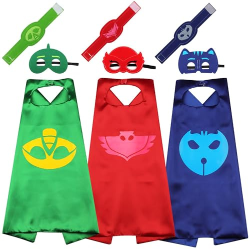 Maribus-FL Kids Superhero Capes & Masks Set (Ages 2–12) 3 Sets Satin Capes, Felt Masks & Bracelets, Costume Dress-Up Party Favors
