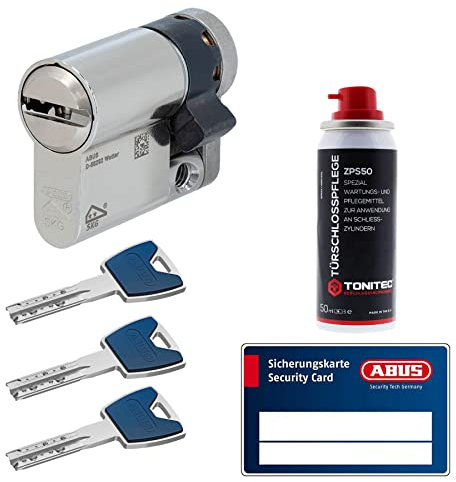 ToniTec Set aus ABUS Schließzylinder EC880 inkl. 3 Schlüssel modular verschiedenschließend Halbzylinder 10/70|Türzylinder Sicherheitsschloss mit Sicherungskarte und ToniTec Pflegespray