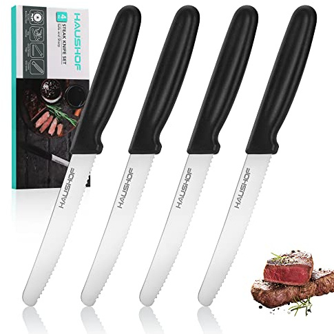 HAUSHOF Steak Knives Set of 4, Sharp Serrated Steak Knives, Premium Stainless Steel Steak Knife Set with Gift Box, Black Handle