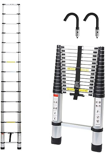 Herrselsam 4,4 m teleskopstege i aluminium, utdragbar stege med 2 avtagbara krokar, multifunktionsstege, teleskop halkfri maximal belastning 150 kg, utdragbar stege multifunktionsstege