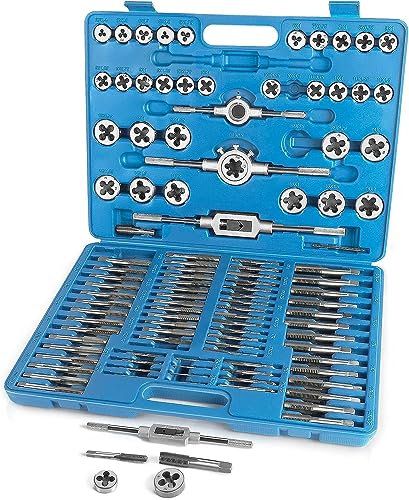 FAHKNS Ensemble de tarauds et filières métriques 110 pièces - Kit d'ingénieur - Poignée de coupe pour couper des filetages externes et internes, filetage et refiletage avec étui de rangement