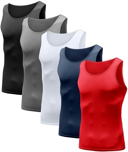 HIBETY 3 eller 5-pack ärmlös kompressionslinne, baslager coola torra kompressionsskjortor muskel gym linnen, 5-pack (svart/grå/vit/marinblå/röd), S