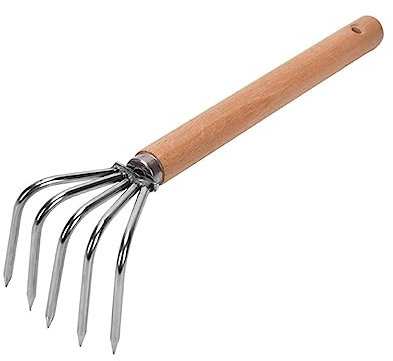 Râteau de Jardin, Râteau de Désherbage, Manche en Bois Petit Acier Léger Désherbage Râteau, Outils de Jardinage À Main, Râteau À Gazon, pour Scarifier, Râteler, Désherbage, Manche Long 5 Dents