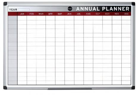 KAV Dry Wipe Magnetic Annual Planner - Stylish Aluminium Frame Whiteboard for Wall - Multipurpose Organizational Board with Self-Adhesive Memo, Kitchen Meal Planner And Calendar (900 x 600 mm)