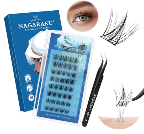 NAGARAKU Pestañas Postizas Autoadhesivas con Pinzas 40 Pcs Estilo Trilogía Eyelash Suaves Sin Pegamento Ni Removedor Reutilizables Aplicación En Un Solo Paso Para Un Volumen Natural 0,07mm C 10-13mm