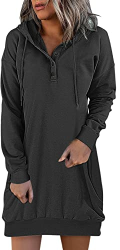 Tröjklänning dam oversize V-ringad långärmad tröjklänning knappslå huvtröja klänning vinterklänning dam knälånga klänningar lös fritidsklänning sweatshirtklänning med dragsko
