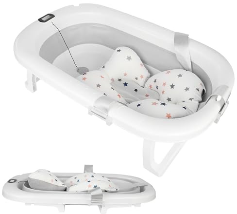 Zusammenklappbare Babybadewanne für Neugeborene und Kinder - Mit Wasserthermometer, Kissen, Rutschfest und Tragbar