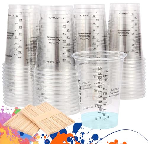 Ksvaye 50 Pcs Verre Doseur en Résine époxy, 240 ml (8 oz) Gobelets Doseurs Jetables Plastique avec 50 Bâtonnets D'agitation en Bois pour Liquides, Mélange de Résine, Peinture, Pigment