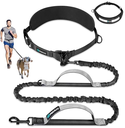 PetAmi Heavy Duty Hands Free Dog Leash, Adjustable Waist Belt for Large Dog Walking Up to 125 lbs, Bungee Leash for Pet Running, Hiking, Reflective Safety for Jogging, Biking, Grey Handle