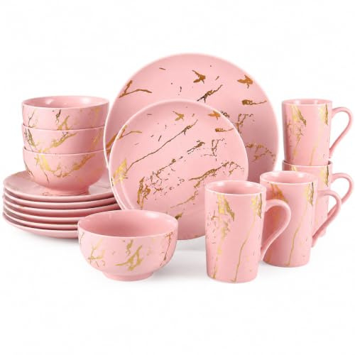 Loymokinar Porcelain Dinnerware Set,Plates and Bowls Sets with Mugs,Gold Plate Dish Set,Pink Dinnerware Set for 4,Dinner Sets with Dinner Plates.