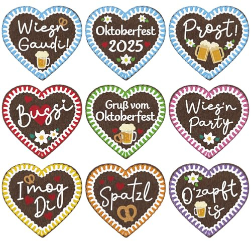 9pcs Pin Anstecker Oktoberfest Herz Filz Brosche O'zapft is im Lebkuchenherzen Design Oktoberfest Deko Bayerische Accessories Damen Herren für Bierfest Wiesn Party Fasching