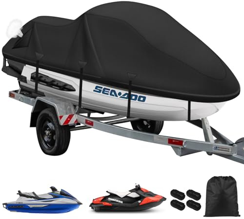 Skyddsöverdrag för jetski och båtar, slitstark 900D-båtöverdrag, vattentät, 2 ventiler, uppgraderade vindskyddsspännen med triangulär tygförstärkning, båtöverdrag (3XL svart)