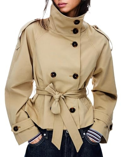 Maohao Women's Cropped Trench Coat Double Breasted Short Jacket High Collar Fall Winter Coats Trendy Outfit with Belt(Khaki,M)