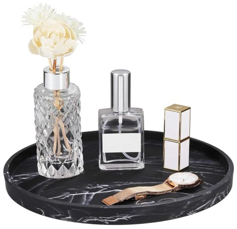 DIFLAX Bandeja Decorativa para Baño, Bandeja de Silicona para Baño, Bandeja Redonda para Organizar Perfumes, Joyas, Cosméticos, Dispensador de Jabón, Plantas, Tocador de Baño (Mármol Negro)